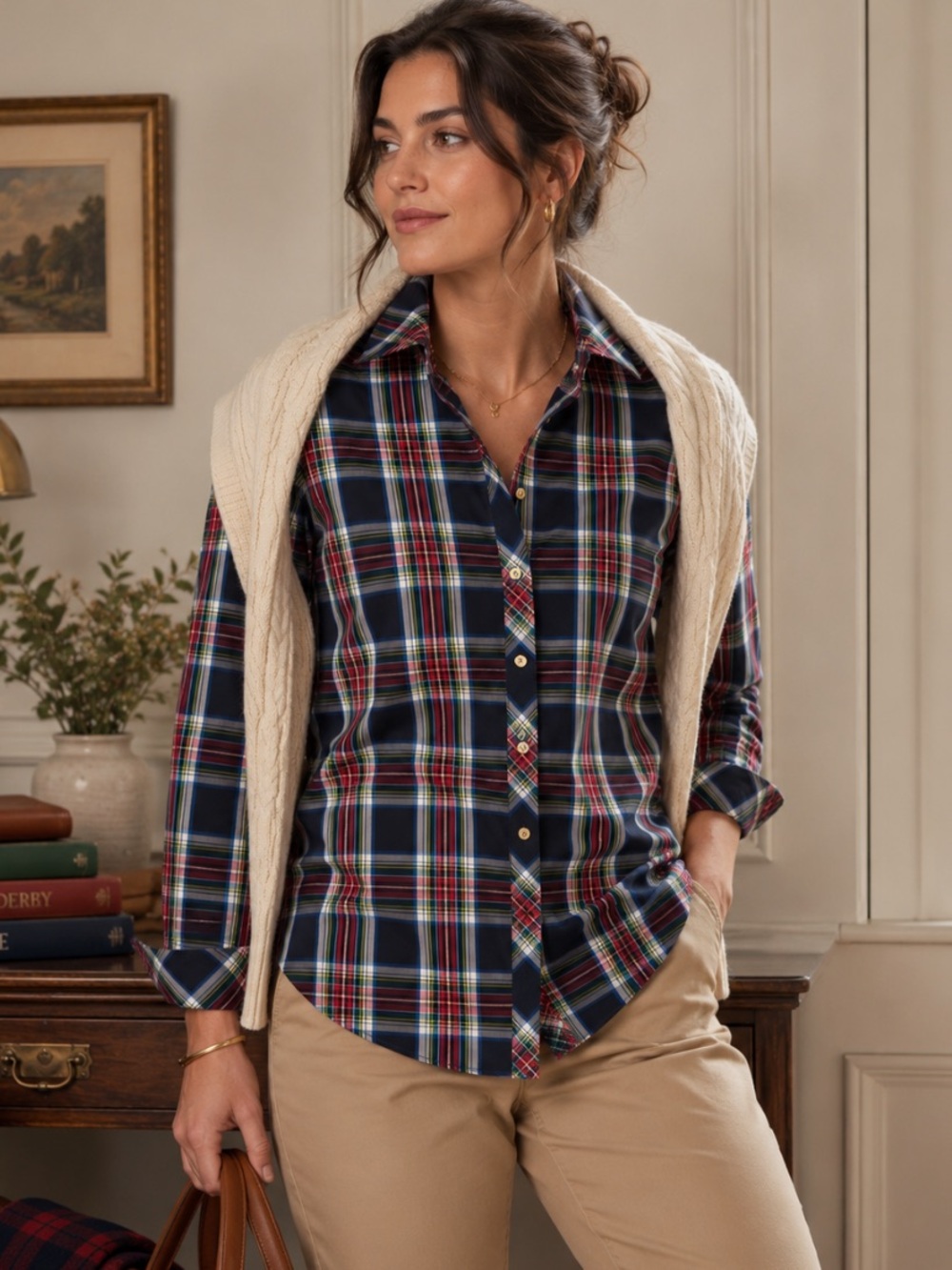 NEW Talbots Plaid Button Down Shirt Size 4 Red Navy Metallic Cotton Preppy